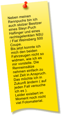 Neben meinen Rennpuchs bin ich auch stolzer Besitzer eines Steyr-Puch Haflinger und eines rechtsgelenkten NSU / Fiat Weinsberg 500 Coupe. Bis jetzt konnte ich mich den beiden Fahrzeugen nicht so widmen, wie ich es mir vorstelle. Die Renneinsätze nehmen einfach zu viel Zeit in Anspruch. Das möchte ich in Zukunft ändern ( auf jeden Fall versuche ich es ). Leider existiert im Moment noch nicht viel Fotomaterial.